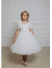 Beaded Ivory Glitter Lace Tulle Flower Girl Dress With Bows